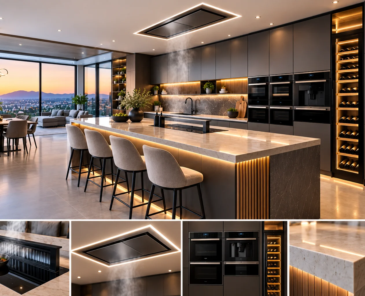 Ultra-luxury smart kitchen with waterfall island and integrated appliances