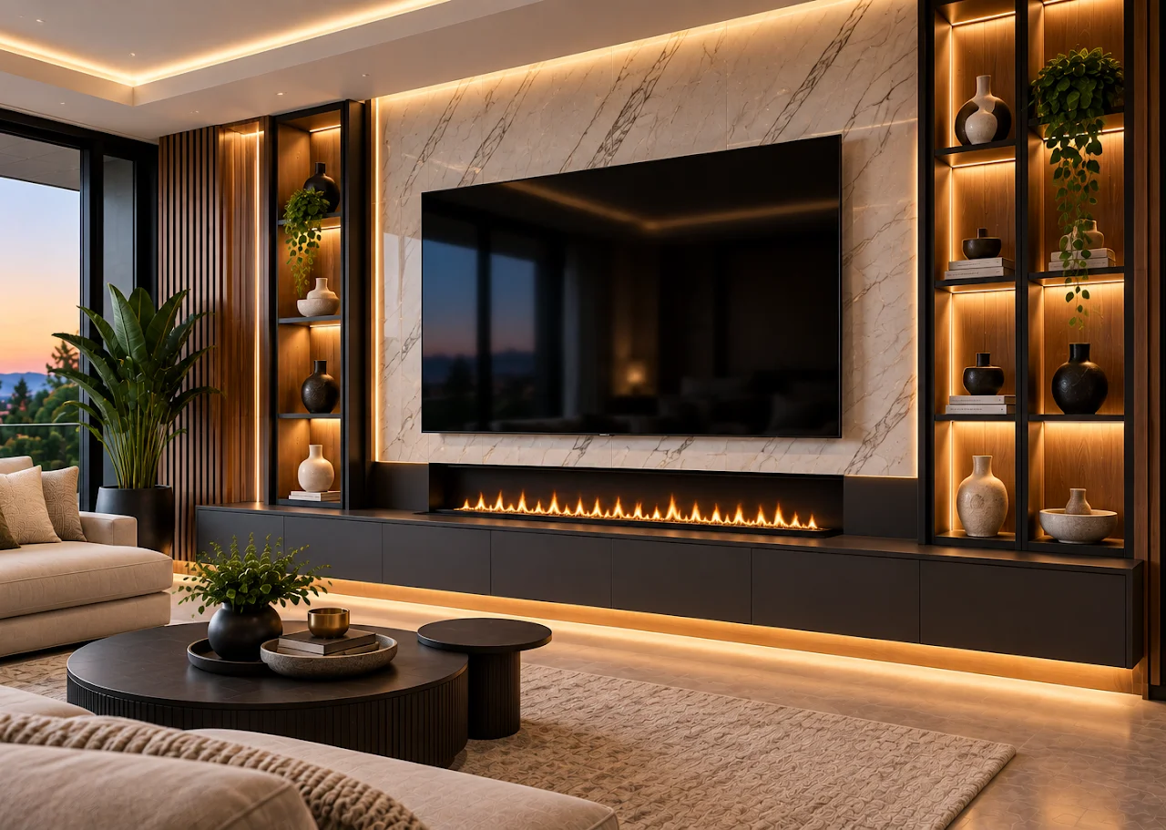 Calacatta marble entertainment wall with fireplace and custom cabinetry