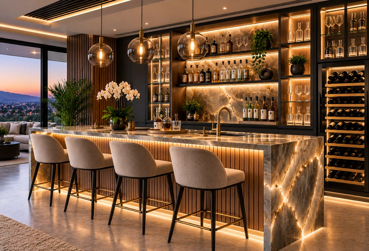 Illuminated onyx and walnut luxury home bar with custom cabinetry