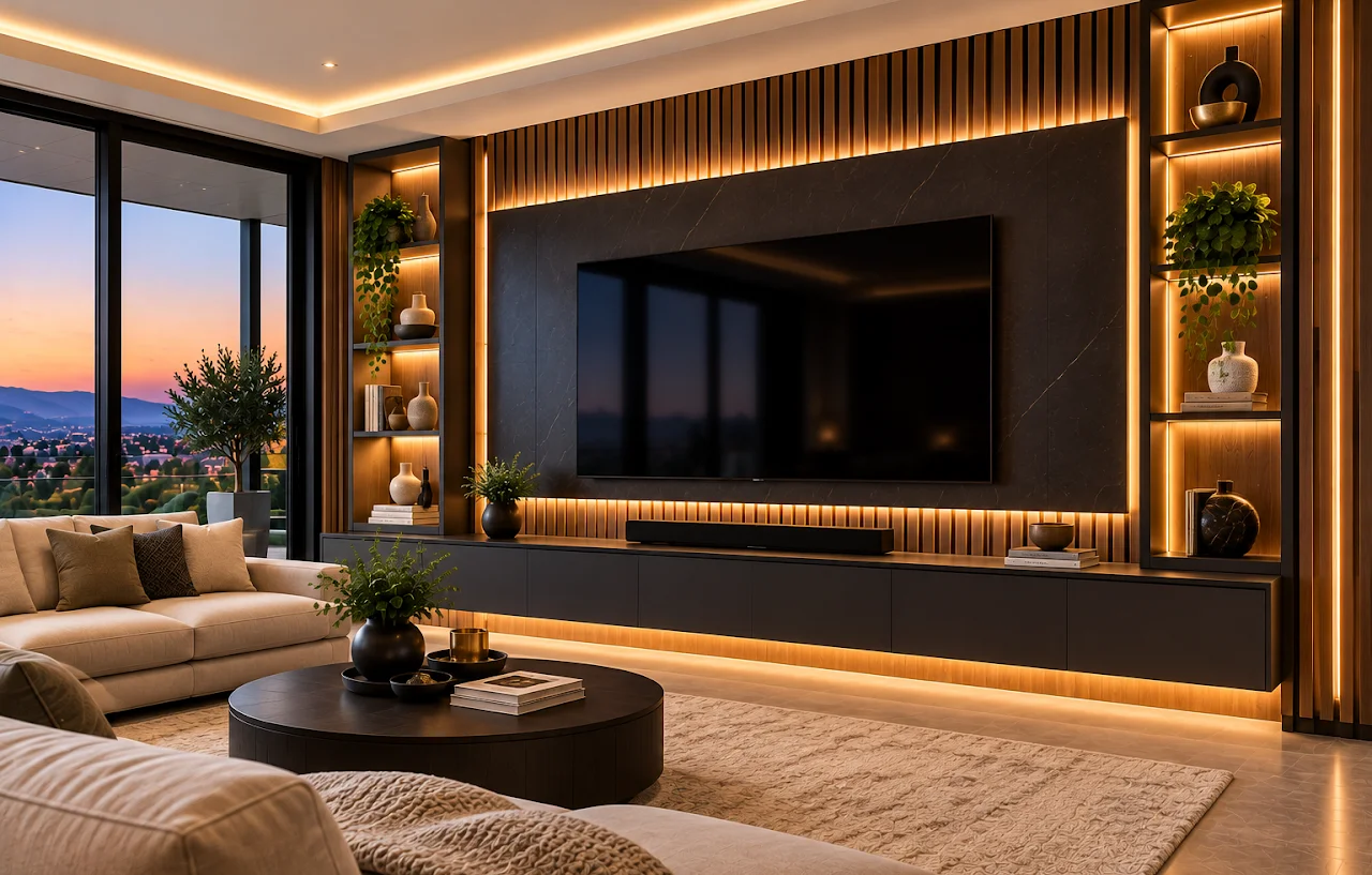 Luxury slatted TV feature wall with custom cabinetry and integrated storage