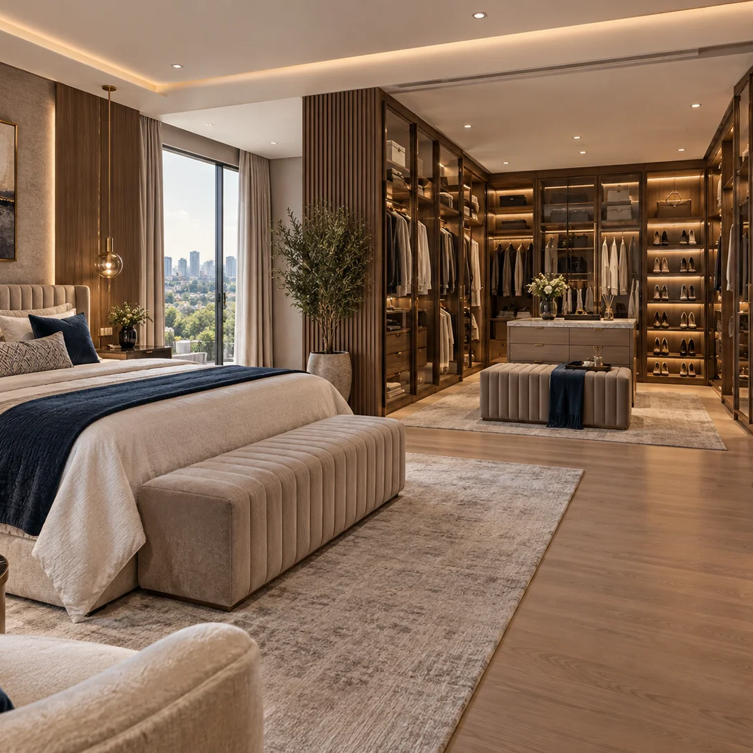 Luxury walk-in closet with custom cabinetry and bedroom storage