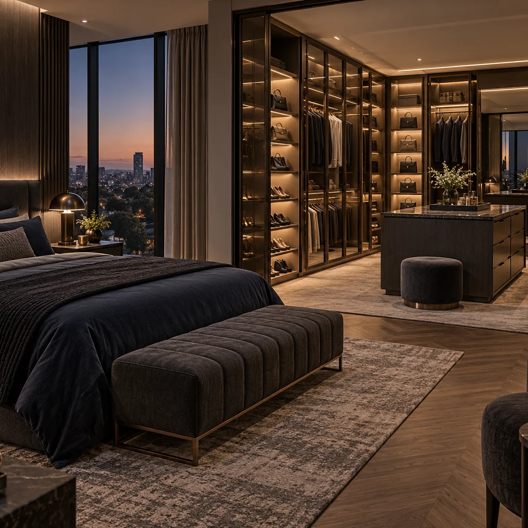 Midnight bronze dressing room with custom cabinetry and storage