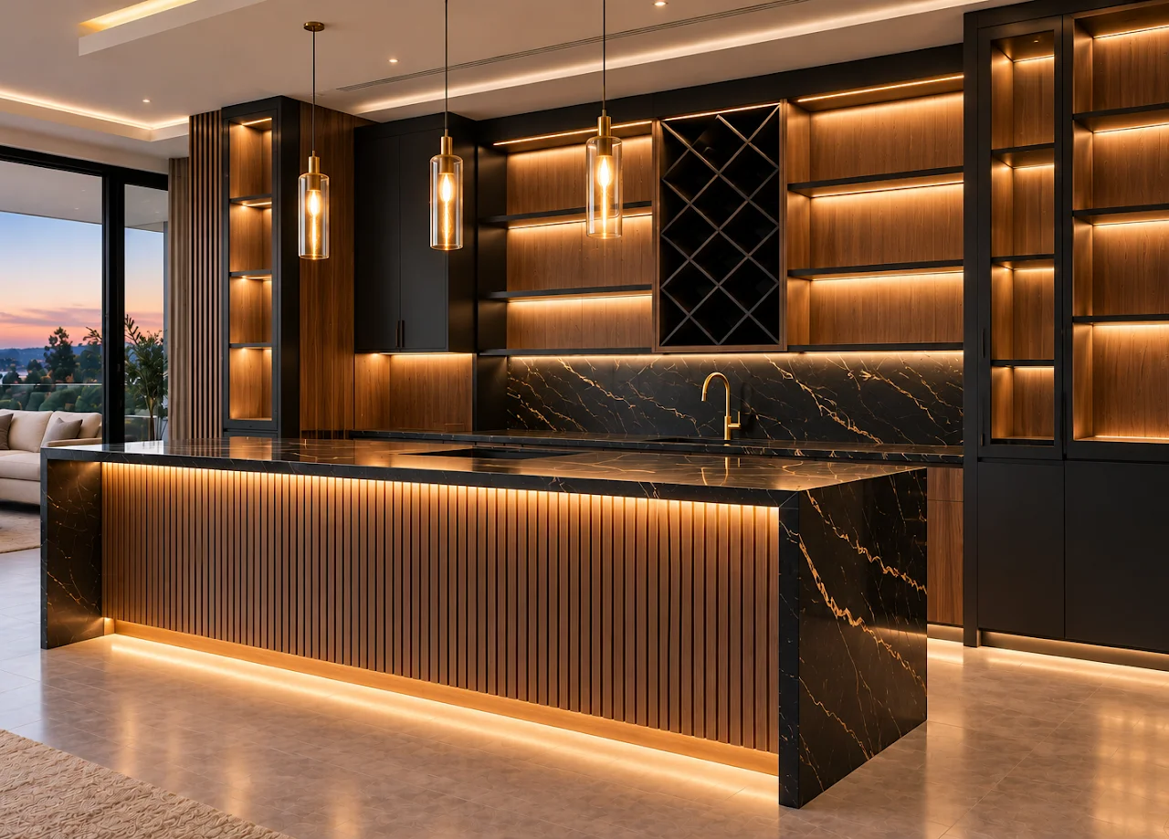 Minimalist walnut and black marble home bar with custom cabinetry