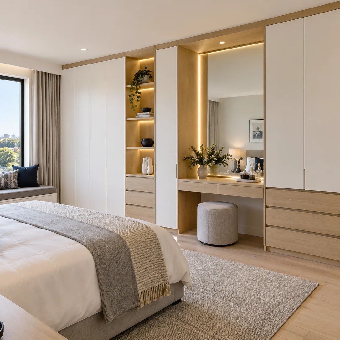 Modern oak and white built-in cupboards with custom storage in Johannesburg