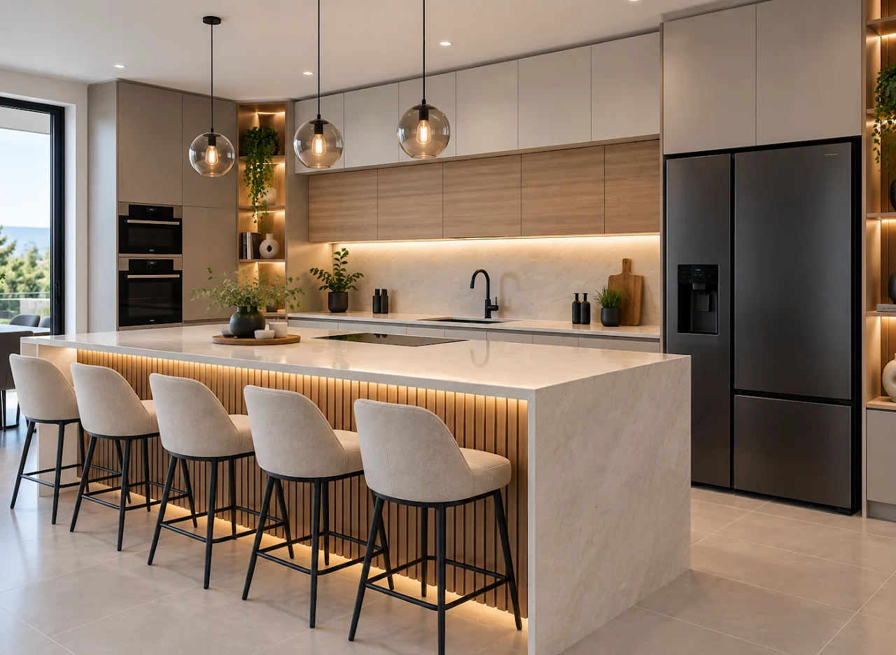 Scandinavian-style oak and white handleless kitchen with waterfall island