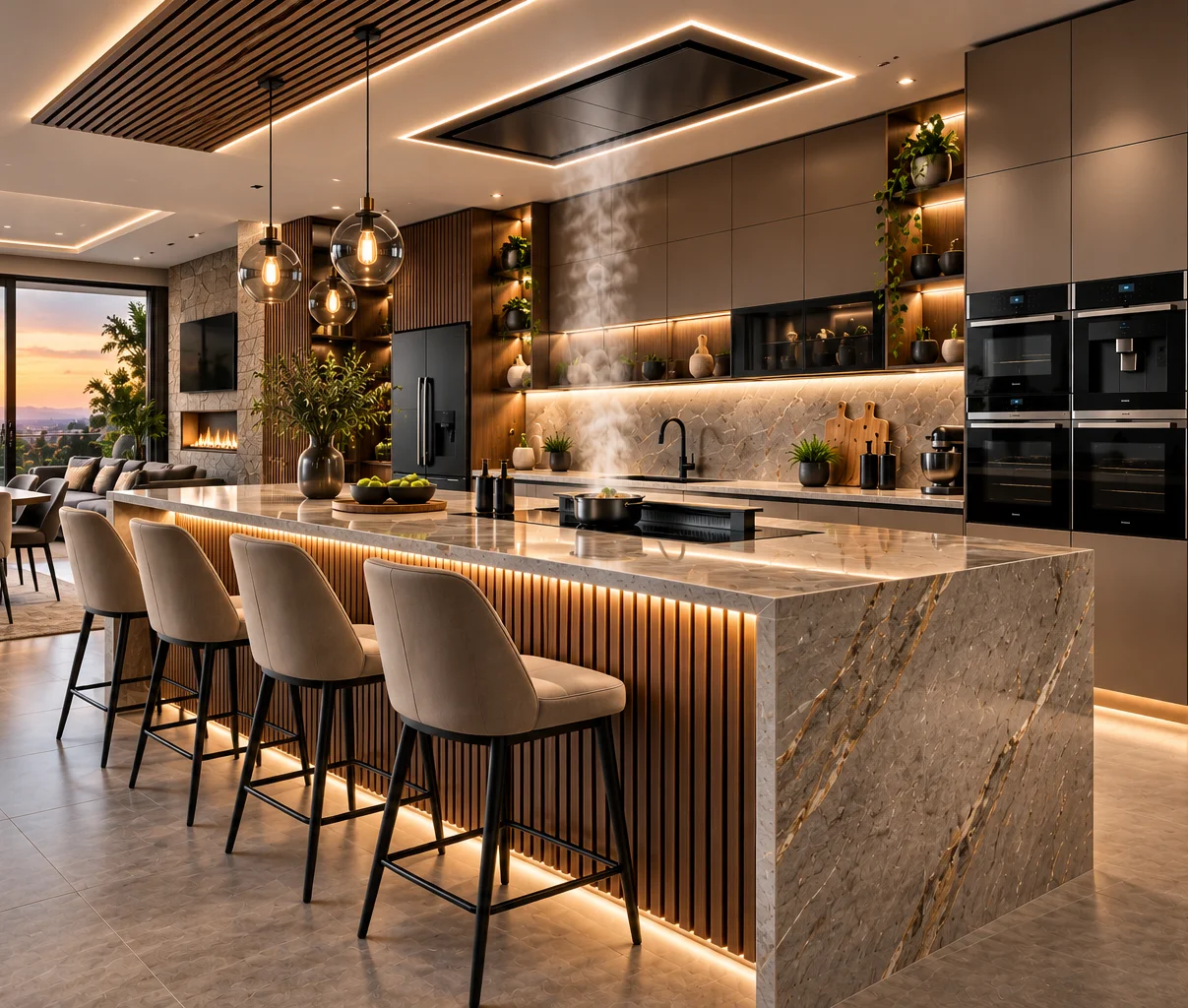 Luxury kitchen with statement waterfall island and illuminated cabinetry