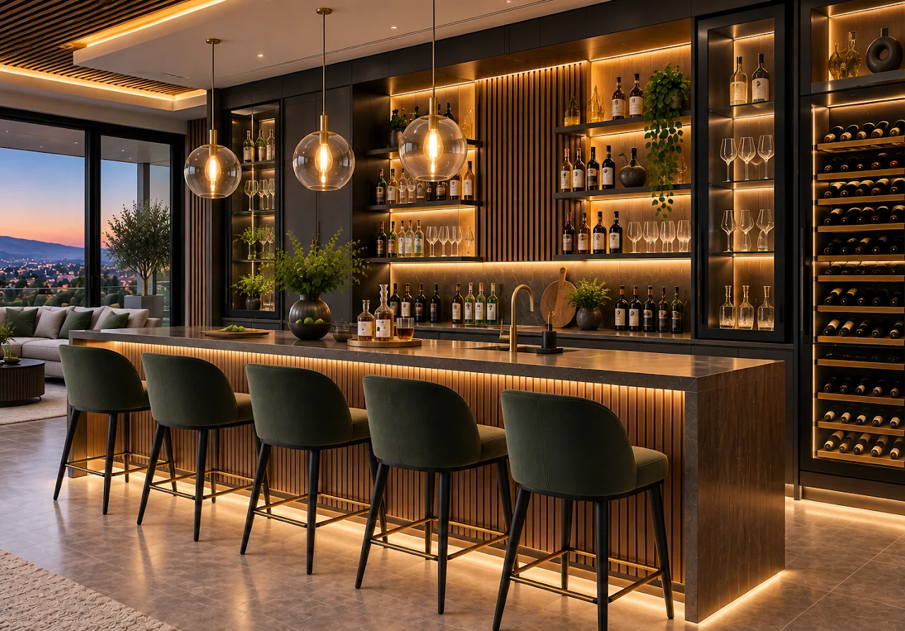 Custom walnut and charcoal home bar