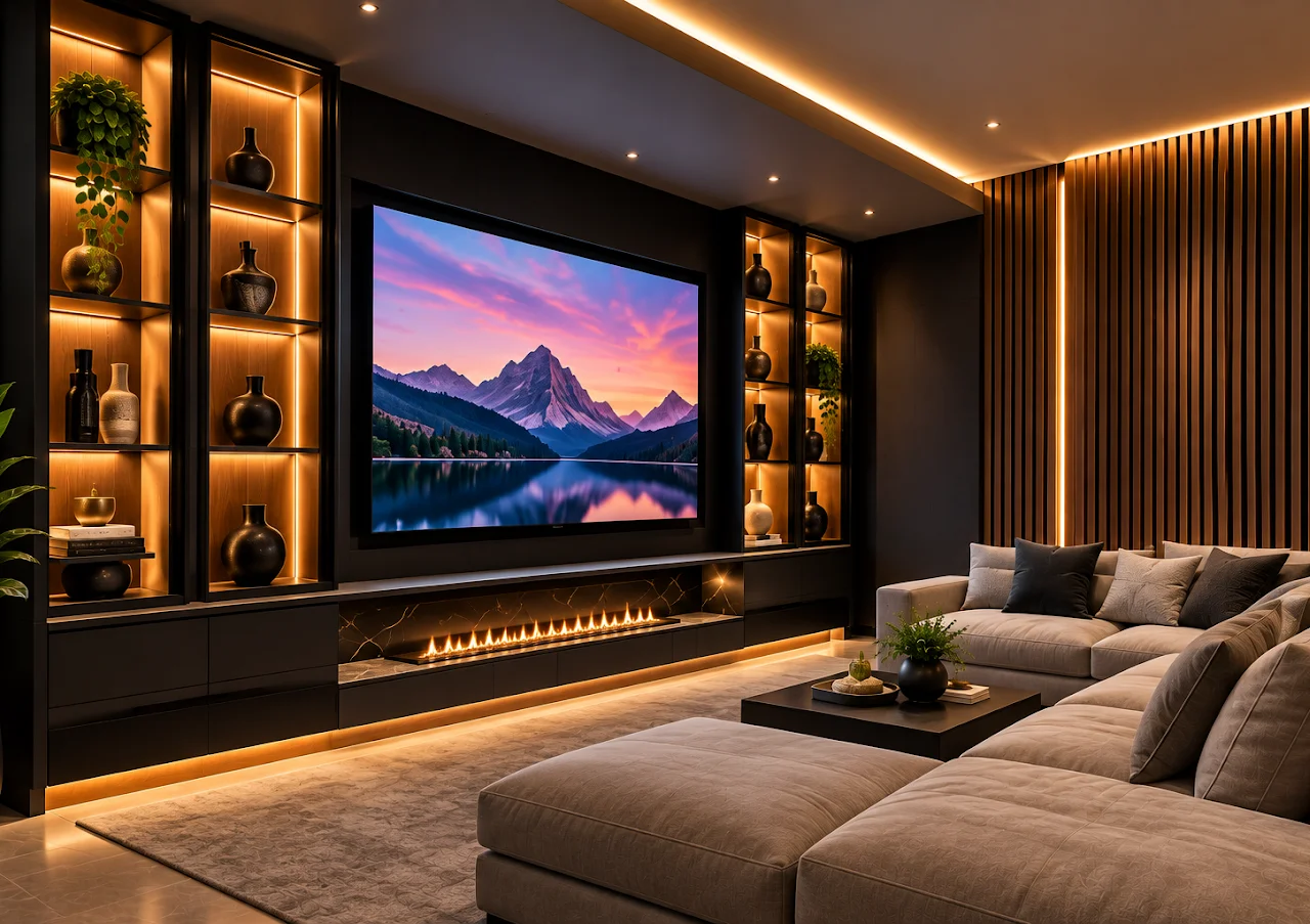 Warm neutral and walnut entertainment wall with custom storage and TV unit